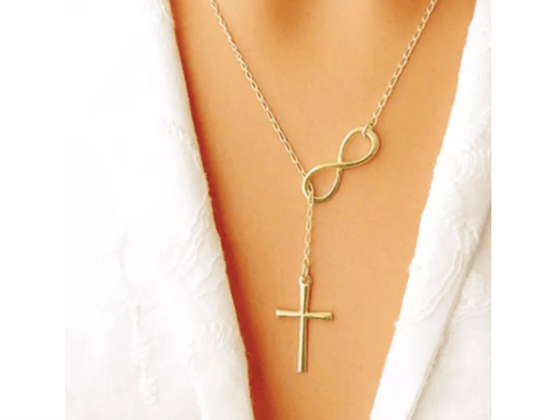 Italian Solid Yellow Gold Infinity Cross Lariat Necklace Womens Necklace Elements Watches